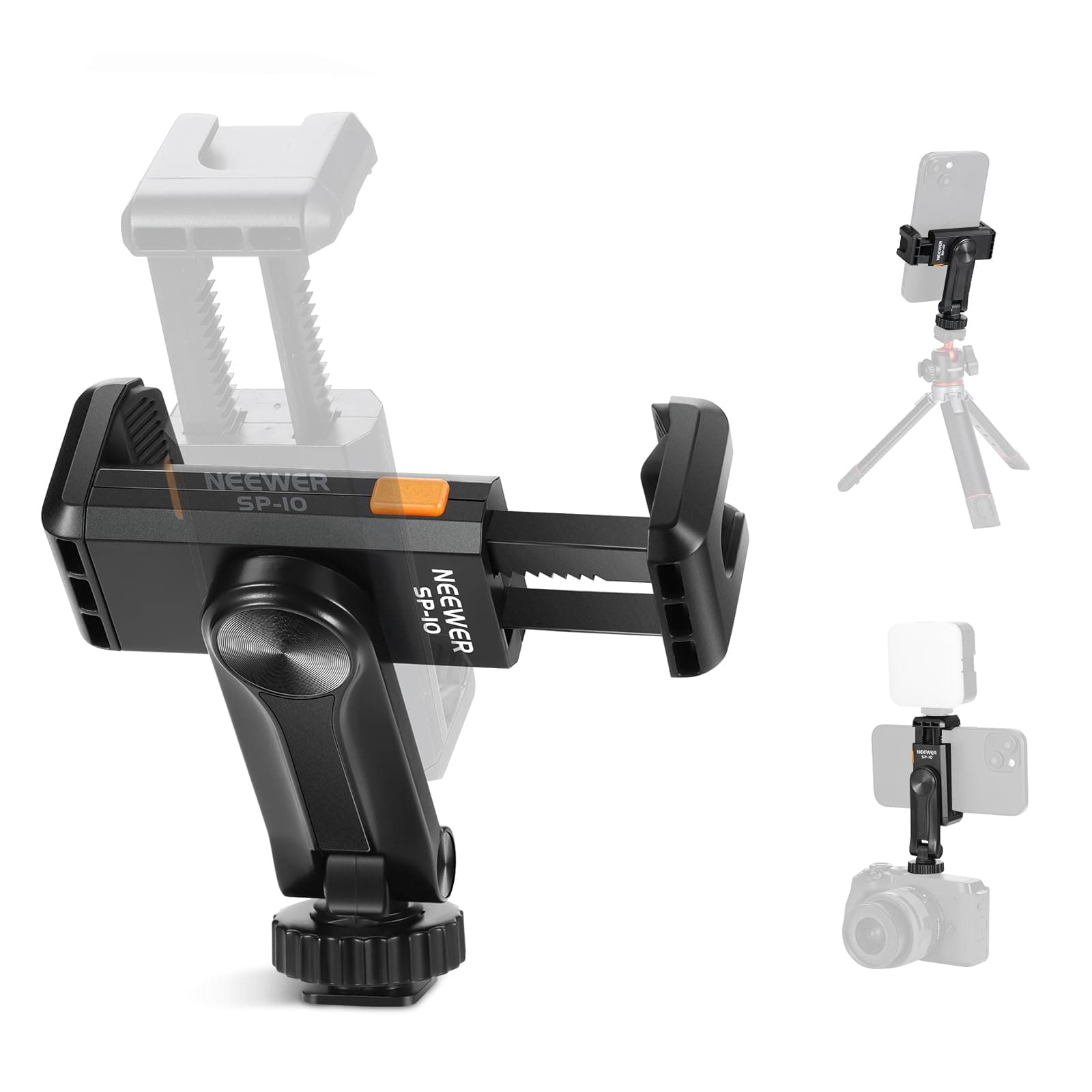 NEEWER 1/4" Thread Tripod Phone Mount with Cold Shoe 6-9cm 360° Rotatable Cell Phone Clamp for iPhone 15 14 13 12 11 Pro Max X XR Samsung S24 Ultra, SP-10