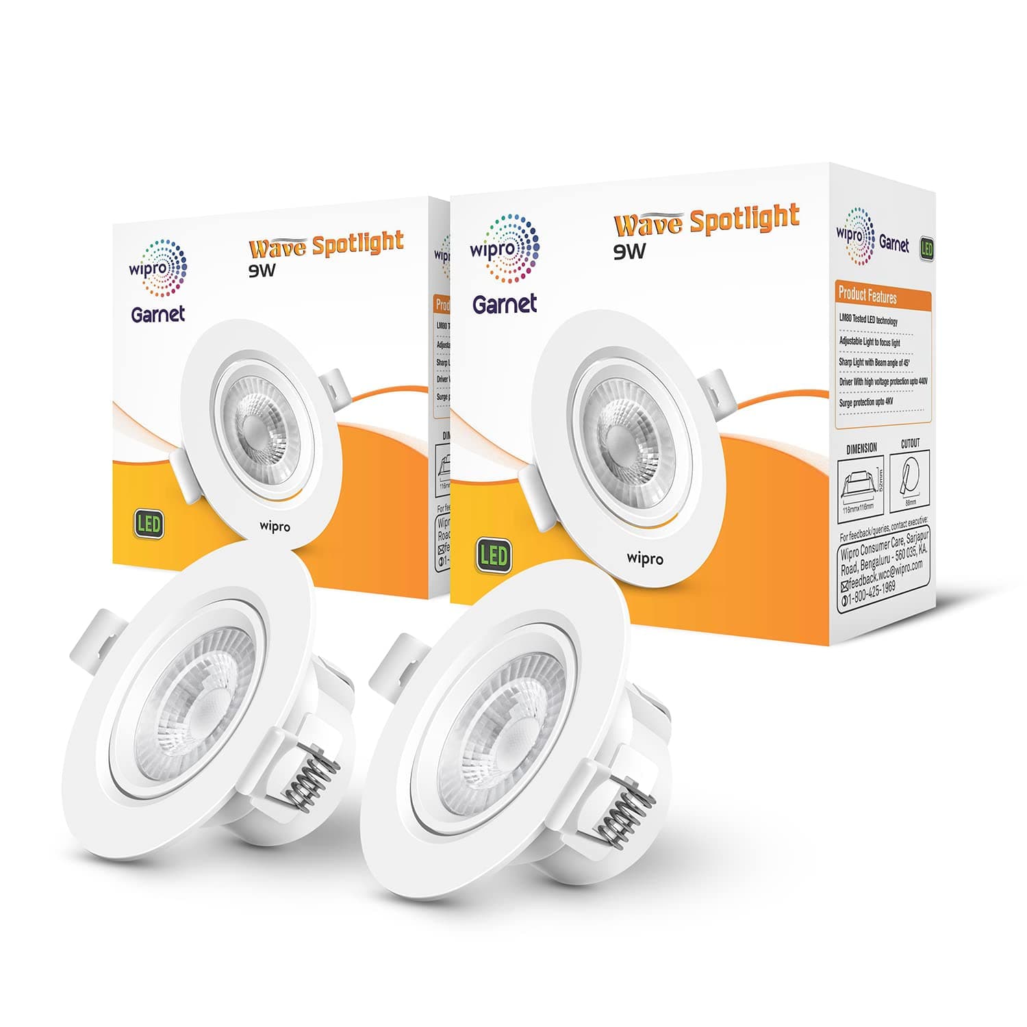 wipro Garnet 9W Round LED Wave Spotlight | Cob Spotlight For Ceiling | Warm White Light (2700K) | Adjustable Design | Recessed Tiltable Downlighter For False Ceiling | Cutout-100 Mm | Pack Of 20, B22D