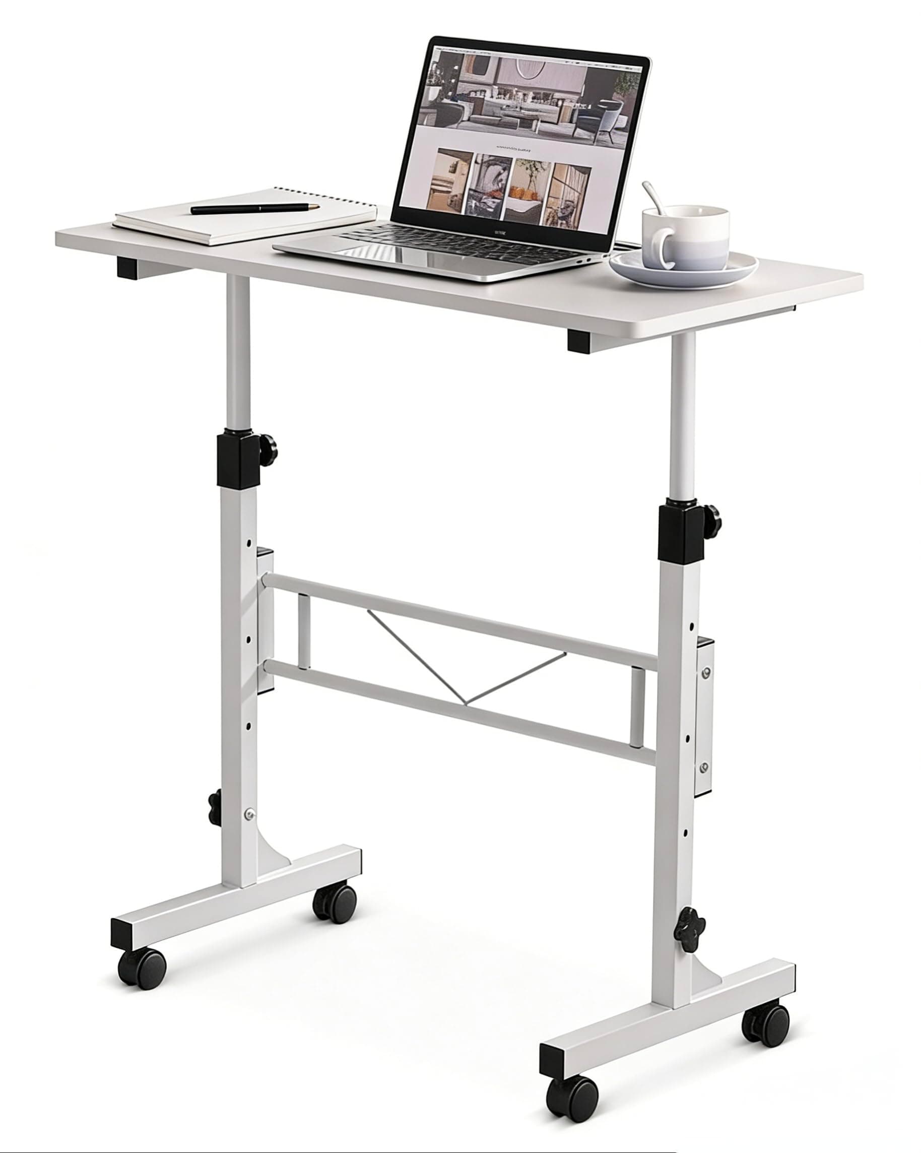 Small Standing Desk Adjustable Height, Mobile Stand Up Desk with Wheels, 32 Inch Portable Rolling Desk Small Computer Desk, Portable Laptop Desk Standing Table Sit Stand White