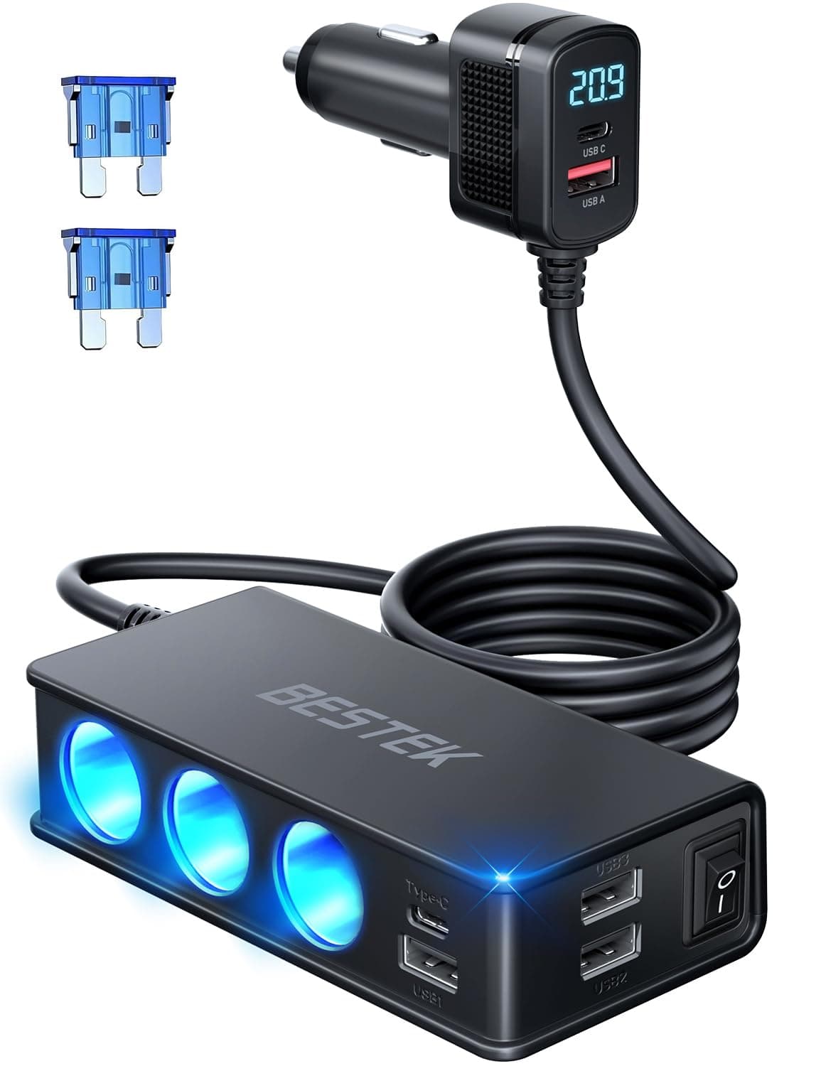 BESTEK 9 in 1 Cigarette Lighter Splitter 148W 3-Socket Car Cigarette Lighter PD30W and 4 USB-A QC3.0 18W with LED Display 12V/24V Cigarette Lighter Adapter for Dash Cam, GPS, iPad/Laptop/Phone