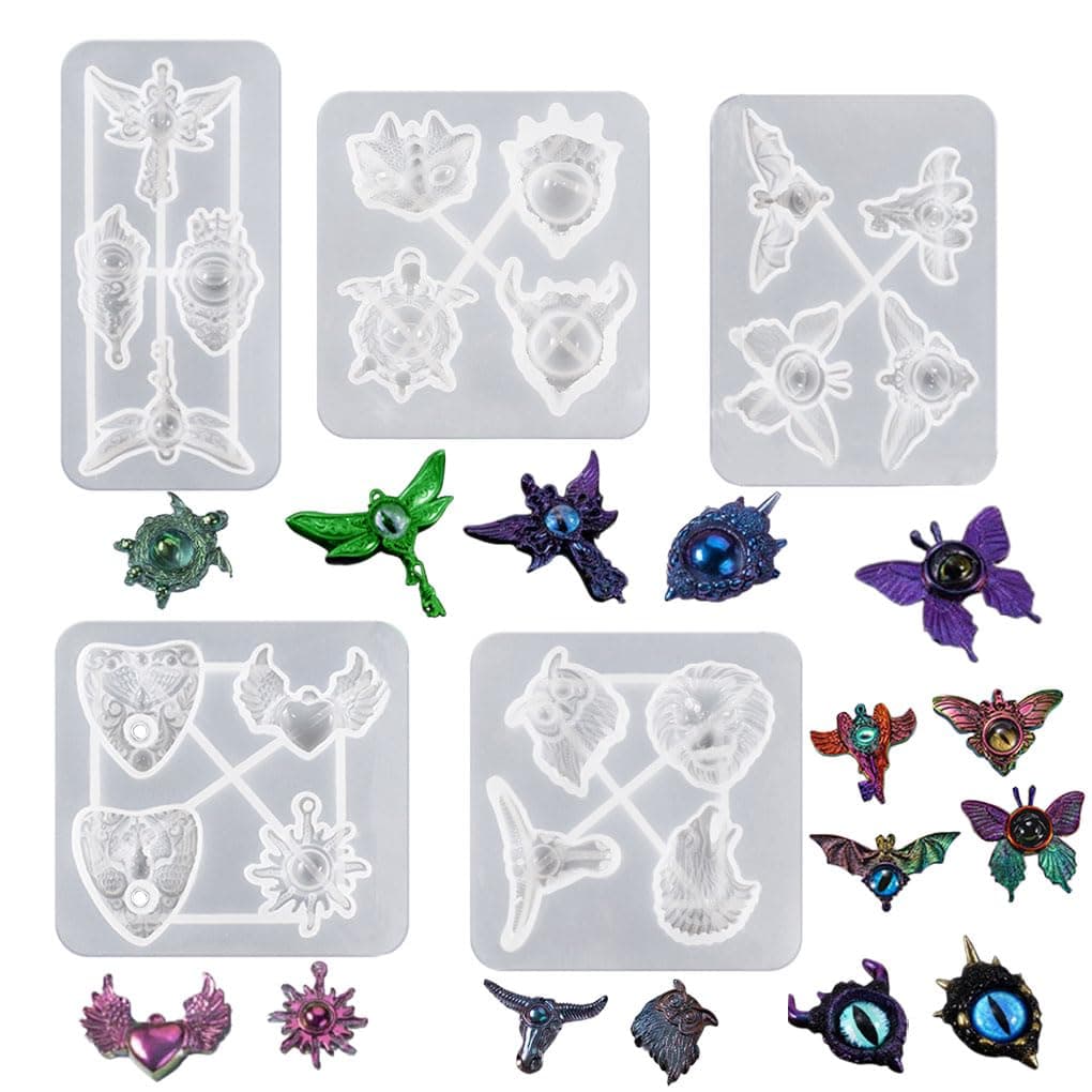 FineInno 5 Pcs Devil Style Mold, Epoxy Resin Molds, Silicone Moulds, Dragonfly,Butterfly,Feather,Angel,Gothic, Cat Head,Devil Eye Mold