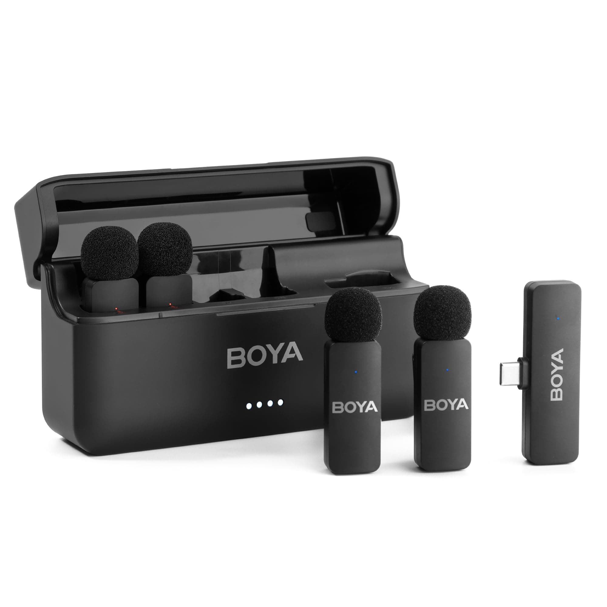 BOYA BY-V4U Wireless Lavalier Microphone for iPhone 15/16 Series Type C Smartphone with Charging Case, 4-Channel Mono Output, Omnidirectional Noise Cancelling Lapel Mic for Video Recording Podcast