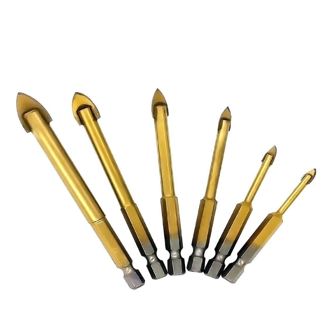 Mengshen Drill Bits Set for Glass and Tile 4-12mm 6PCS, Tungsten Carbide Titanium Coated 3 Cutting Triangle Head Drill Bit with Hex Shank for tile concrete brick glass plastic and Wood