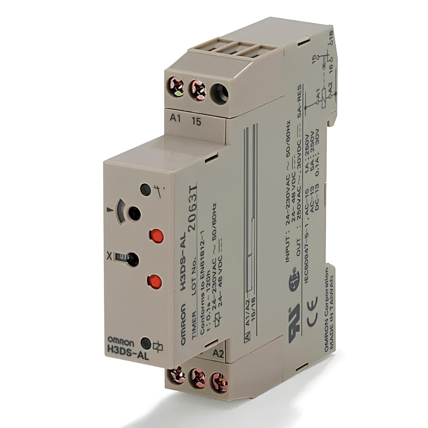 H3DS-AL 0.1s-120h, Timer, DIN rail mounting, 17.5mm, 24-230VAC/24-48VDC, on-delay, Original, New, Made in Indonesia.
