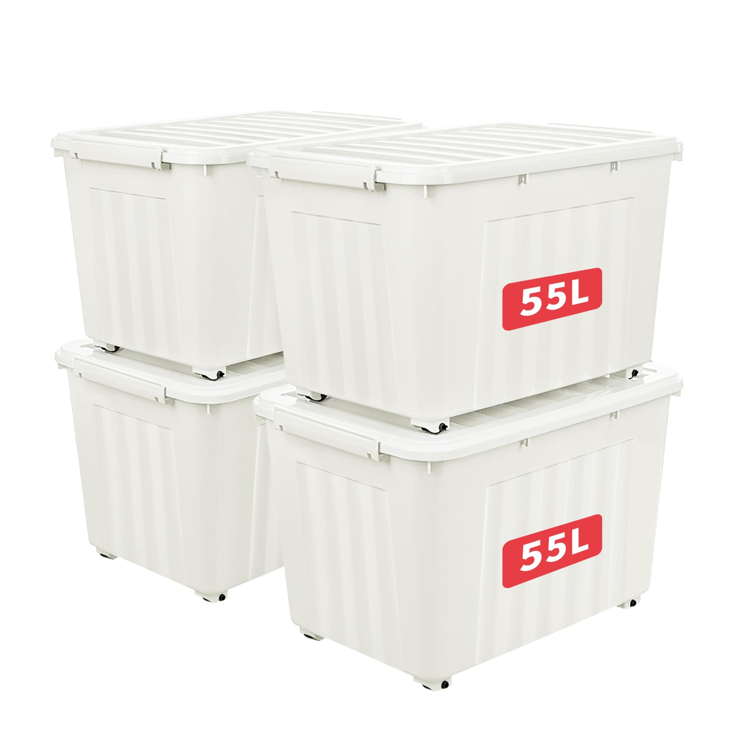 Cetomo 55L*4 Storage Boxes with Lids, Plastic Storage Box with Wheels and Secure Side Latches, Stackable & Nestable Organizer for Home, Office, Moving, PP, White, 55L-4 Pack