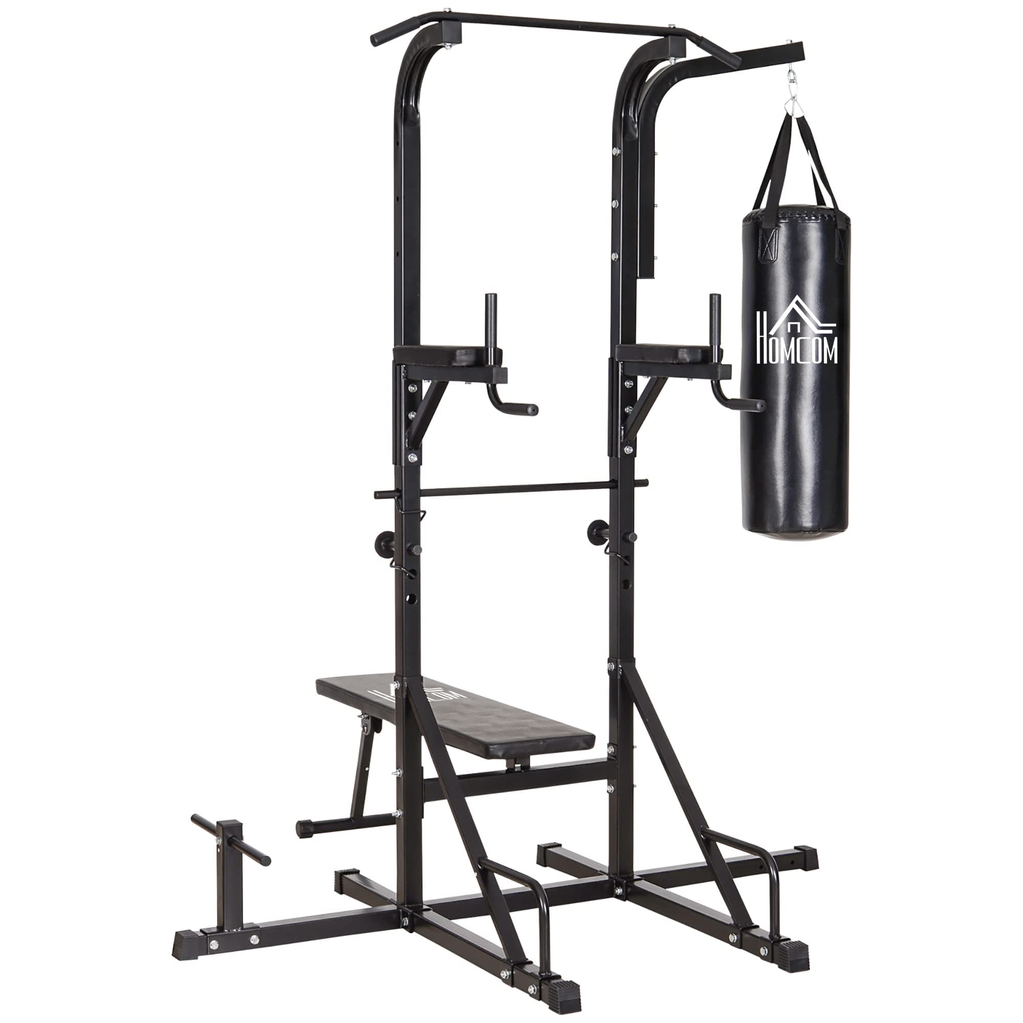 Soozier Heavy-Duty Power Tower Dip Station Pull Up Bar with Foldable Workout Bench and Punching Bag, Multi-Functional Adjustable Strength Training Equipment Power Rack Fitness Equipment for Home Gym