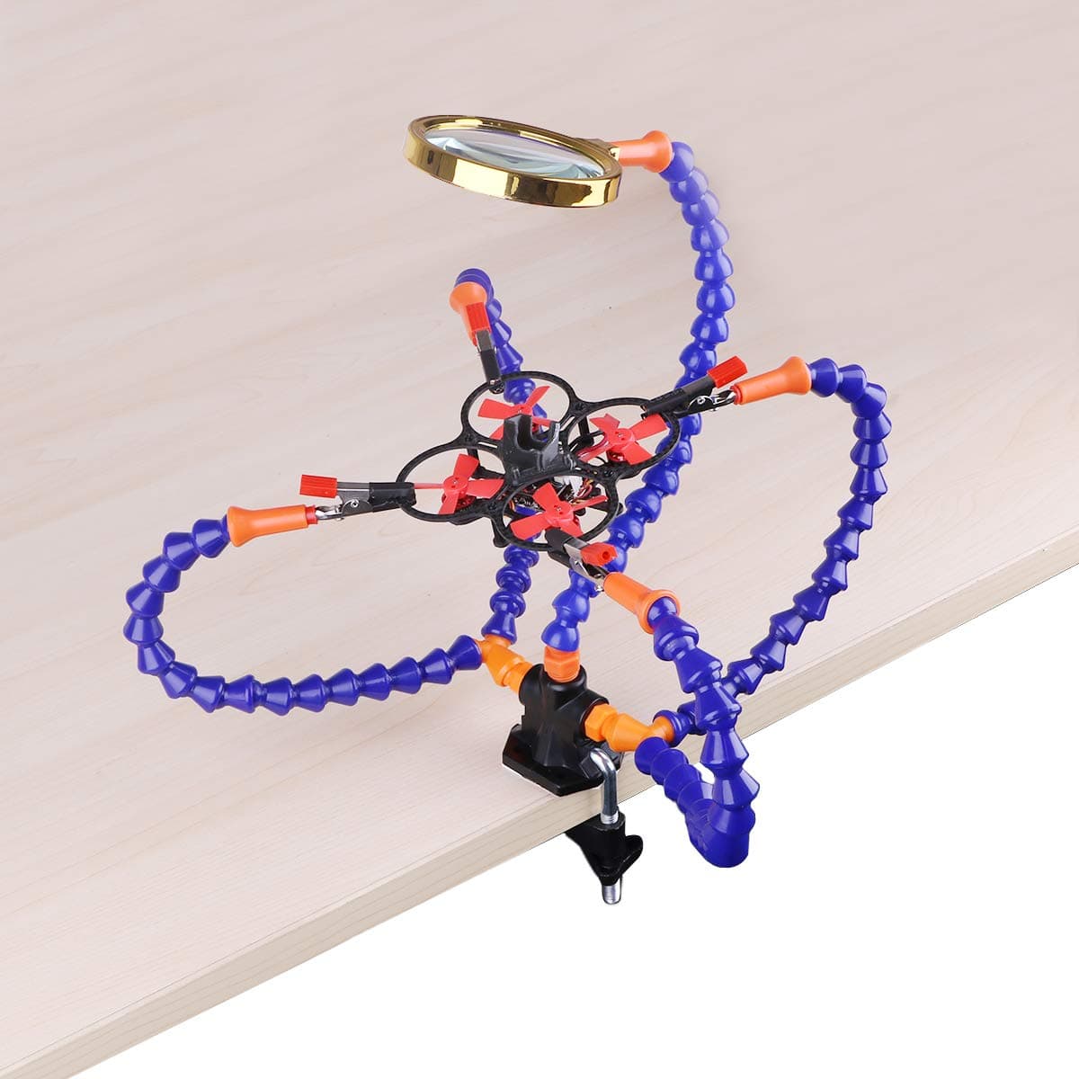 Flexible Helping Hands, Third Hand, Soldering Station Iron Accessory Kit（1.96 Inch Pinch Clip, Flexiable Helping Hands with 3X Magnifying Glass) (Five Hands with Magnifier)