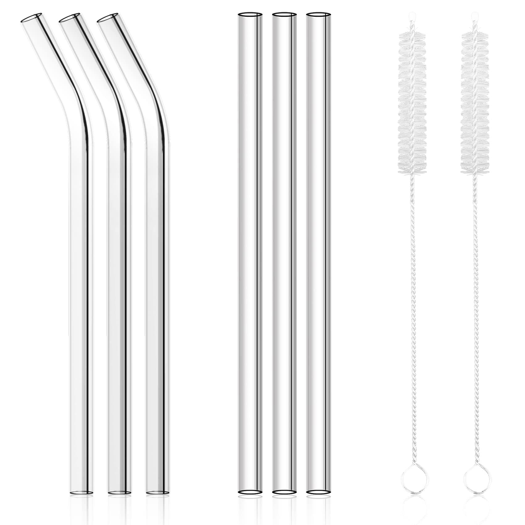 6 Pack Glass Straw Reusable Clear Drinking Straws, 8.5'' x 10mm, 3 Straight and 3 Bent Glass Straws with 2 Cleaning Brush for Cold / Hot Drinks, Cocktail, Smoothies, Coffee, Juice