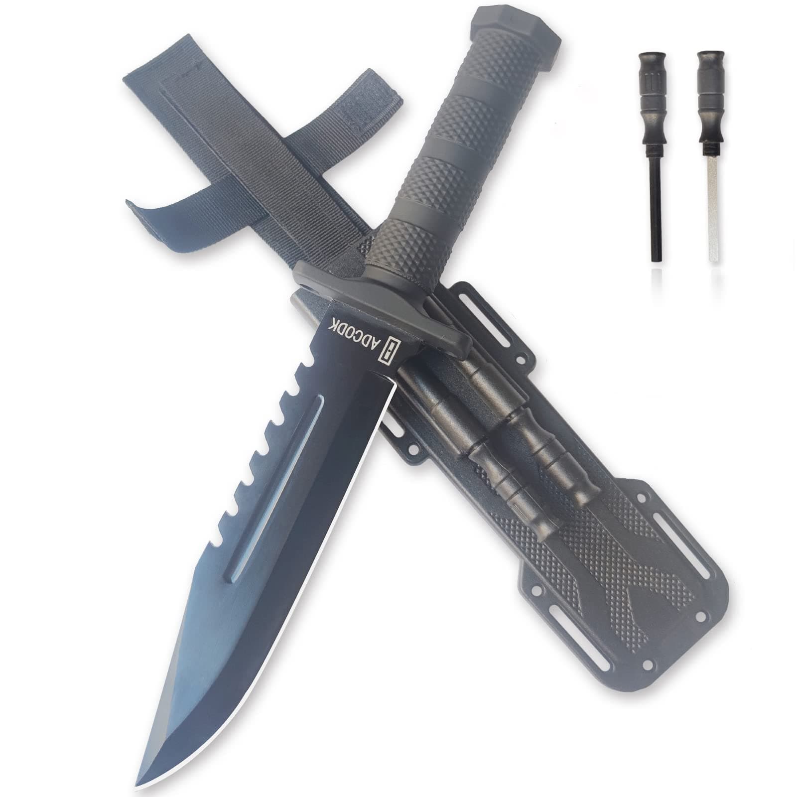 Tactical Bowie Knife with Sheath Fixed Blade Survival Hunting Knives with Non-Slip Handle and Sharpener & Fire Starter for Camping Outdoor Adventure