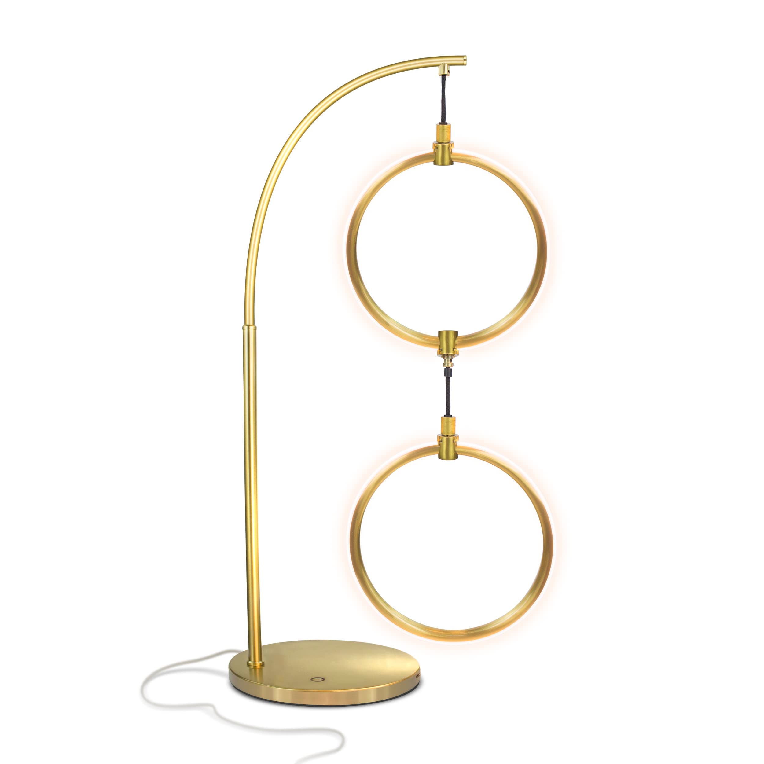 Brightech Nova Modern Table Lamp - Contemporary Arc Desk Lamp with 2-Circle Ring-Style Pendant - Alexa Compatible Nightstand Beside The Couch Lamp with Arching Pole Matches Living Room Décor - Brass