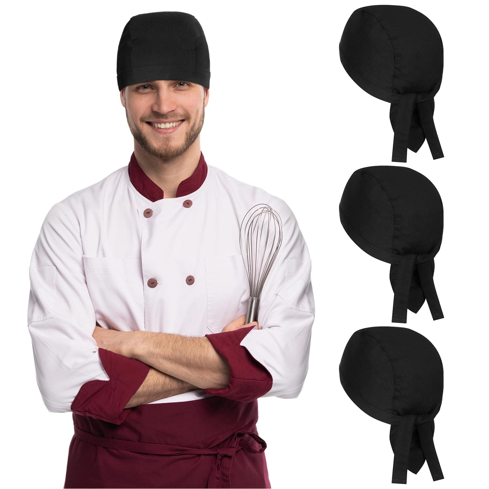 Chef Hat Tie Back for Men Adjustable Chef Cap Bandana Skull Cap Black Breathable Cooking Hat for Men Women