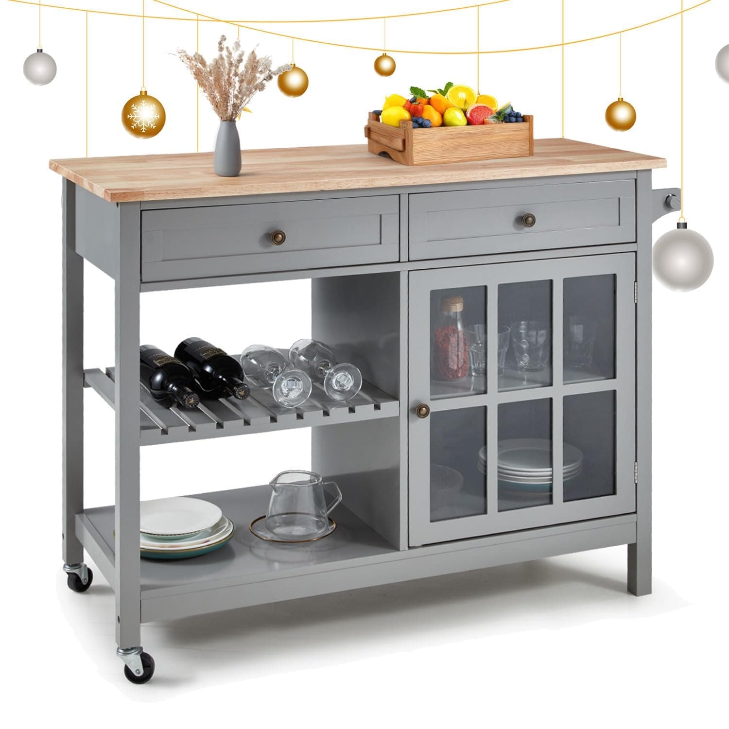HOMHUM Rolling Kitchen Island Cart, 42" Width Kitchen Carts with Storage, Wood Tabletop, 2 Lockable Wheels, Towel Rack & Trolley Cart Utility Glass Cabinet & Open Display Shelf, Grey