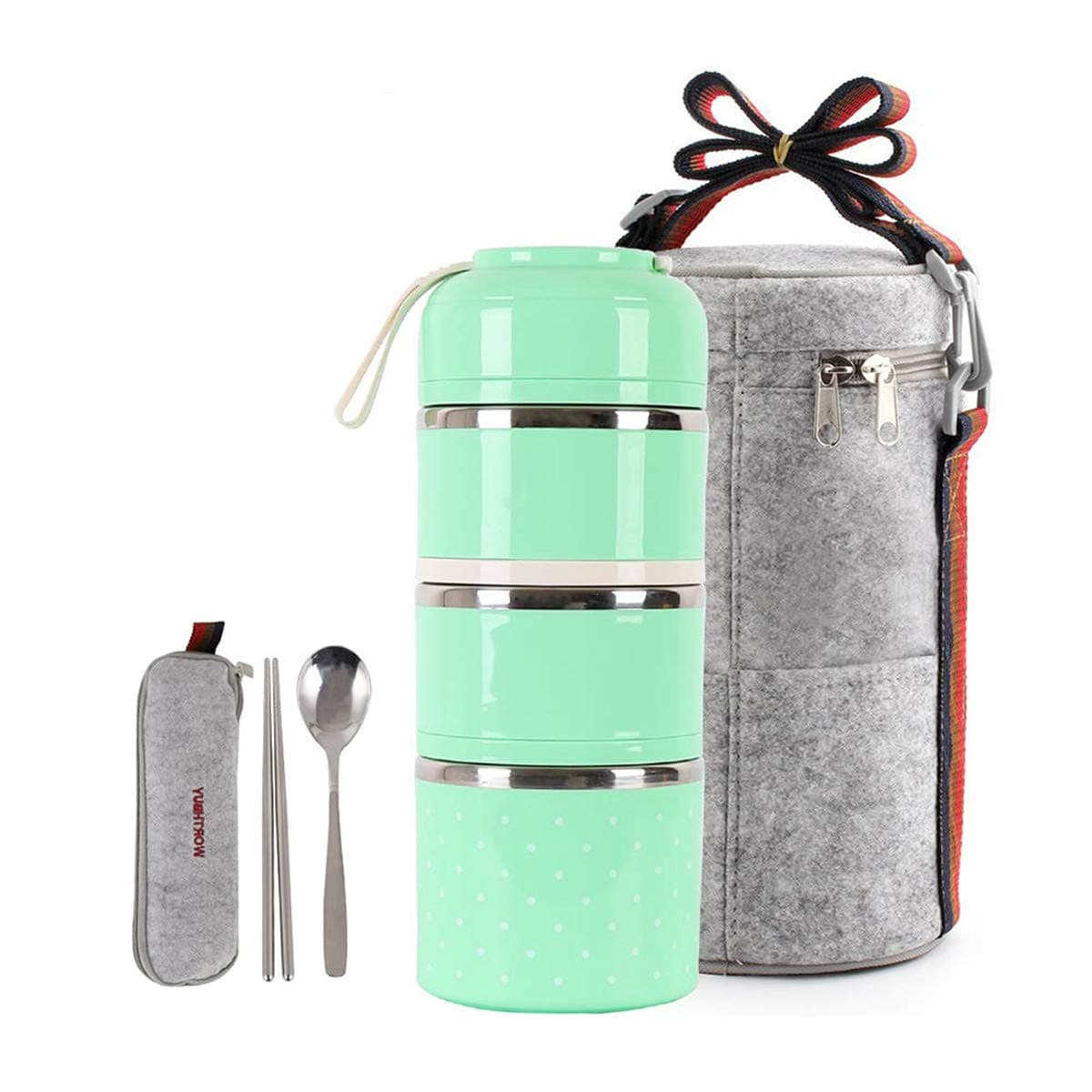 HOMESPON Lunch Box with Insulated Lunch Bag Bento Box Stackable Stainless Steel Lunch Storage Containers with Spoon for Kids School and Adults Office (Green, 3-Tiers)