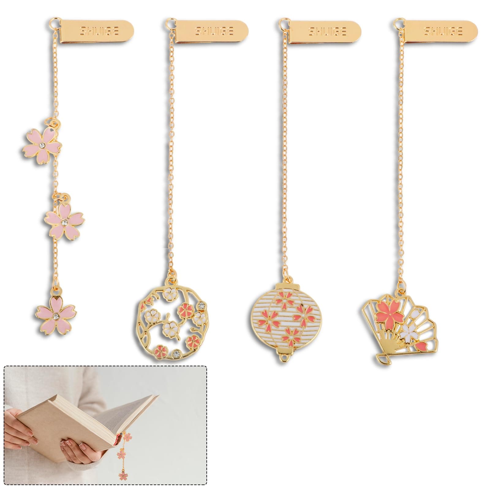 Thinp4 Pack Metal Bookmarks with Chain, Flower Bookmark Set Cherry Blossoms Romantic Bookmark Gift for Women Golden Hollow Bookmark for Book Lovers Writers Readers Children Teens Men Women Adults