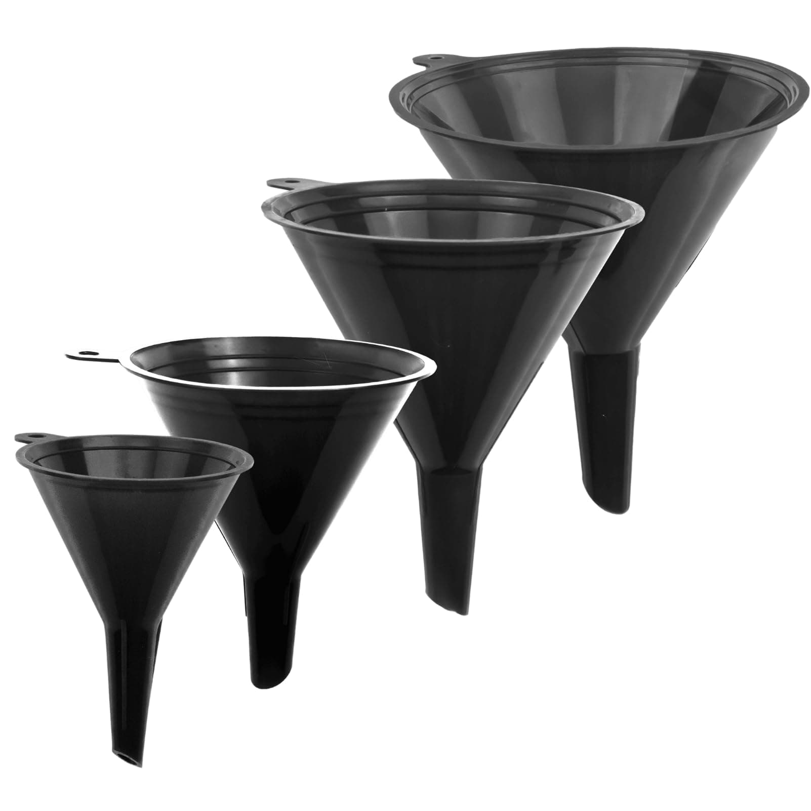 Funnel Black in 4 Different Sizes (122, 101, 76 & 50mm) Durable & Non-Toxic Food Grade Plastic -Funnels for Filling Bottles or Containers – Ideal for Kitchen, Garage & Labs