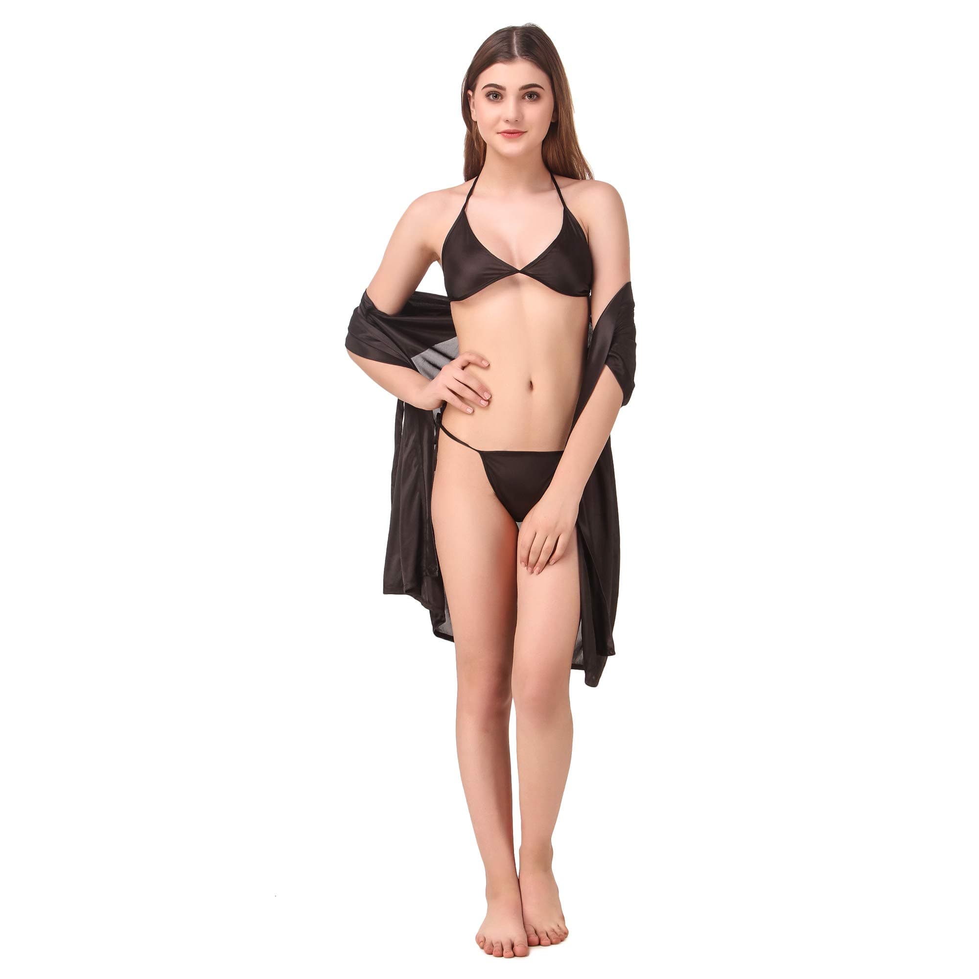 REPOSEYWomen's Satin Solid Above Knee Length Robe with Lingiery Set (Free Size) (Pack of 3)