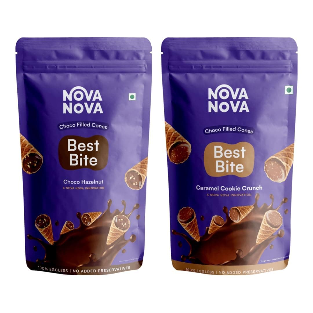 NOVANOVA Best Bite Choco Filled Cones | Choco Hazelnut & Cookie Buttercream - Assorted Pack Of 2| 100% Eggless | No Added Preservatives (100 Gram)