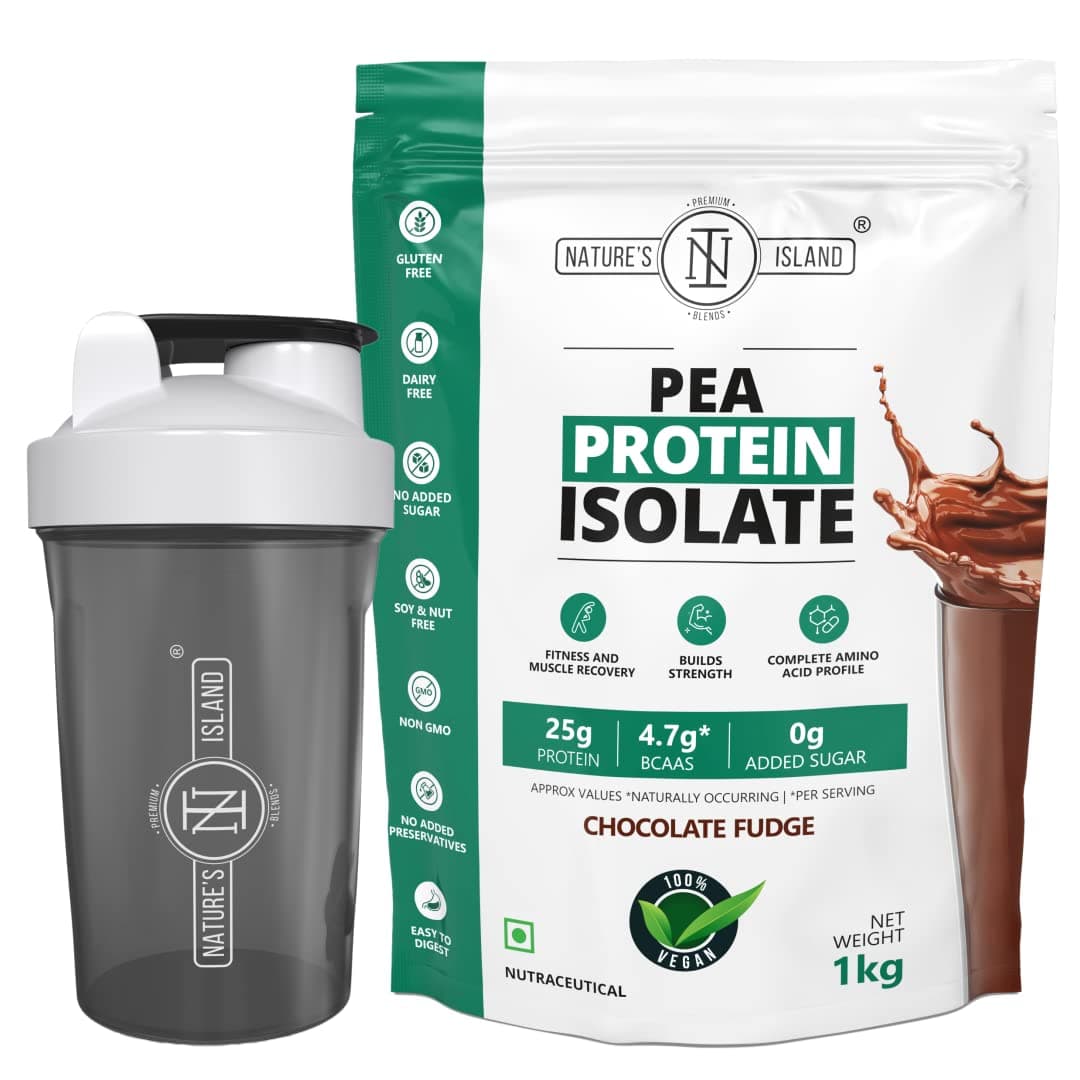 - Pea Protein Isolate (27G Protein, 5G BCCAs, 100% Vegan, ZERO Sugar)- Fitness & Muscle Recovery. No Preservatives & Artificial Sweetener -1KG (chocolate, 1kg+shaker)