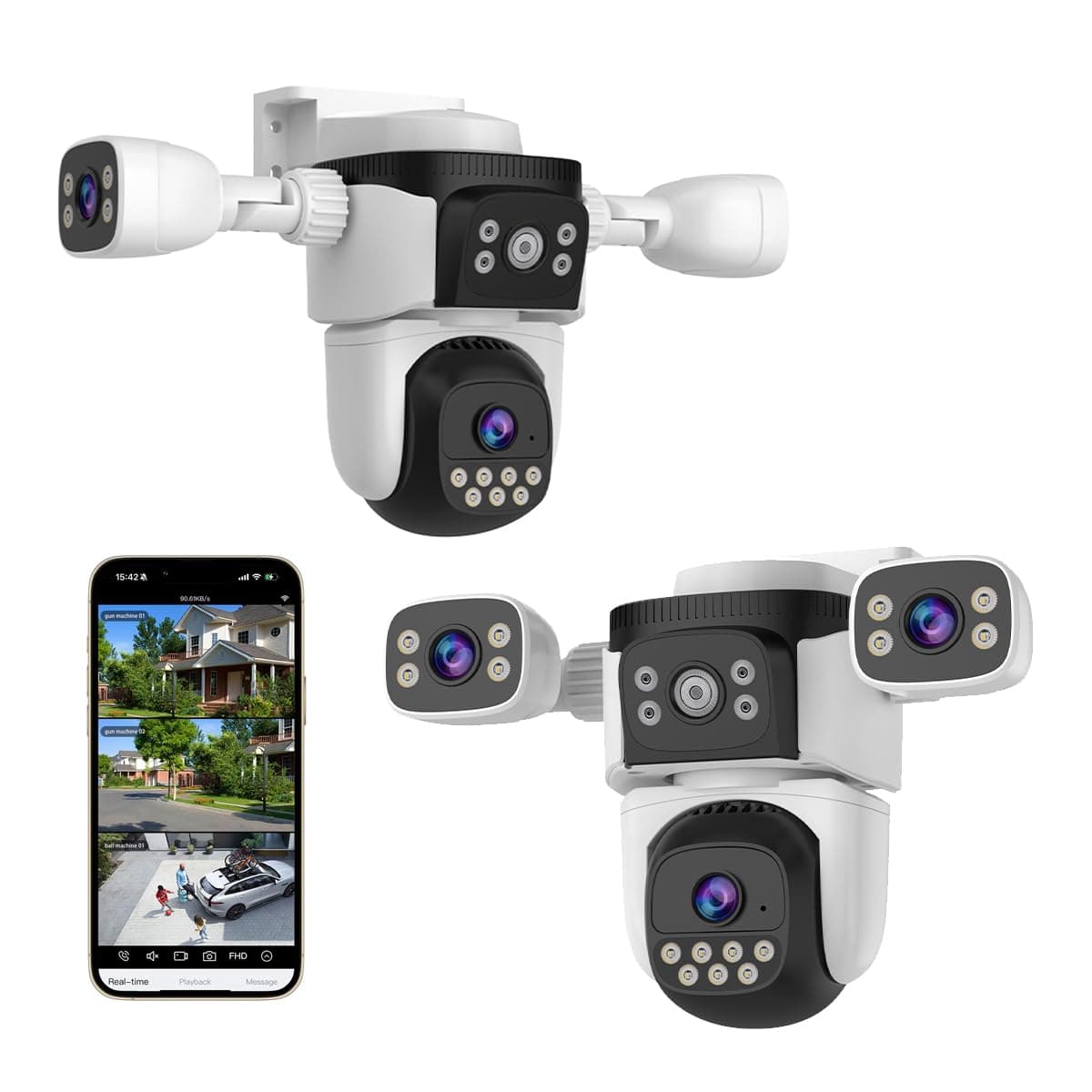 EVERSECU Triple Lens WiFi PTZ Security Camera, Three Cameras in One, Side Cameras with Adjustable All-Angle Arm, 2K 360° View No Blind Spot, Auto Tracking, Spotlight, 2 Way Audio（2pack