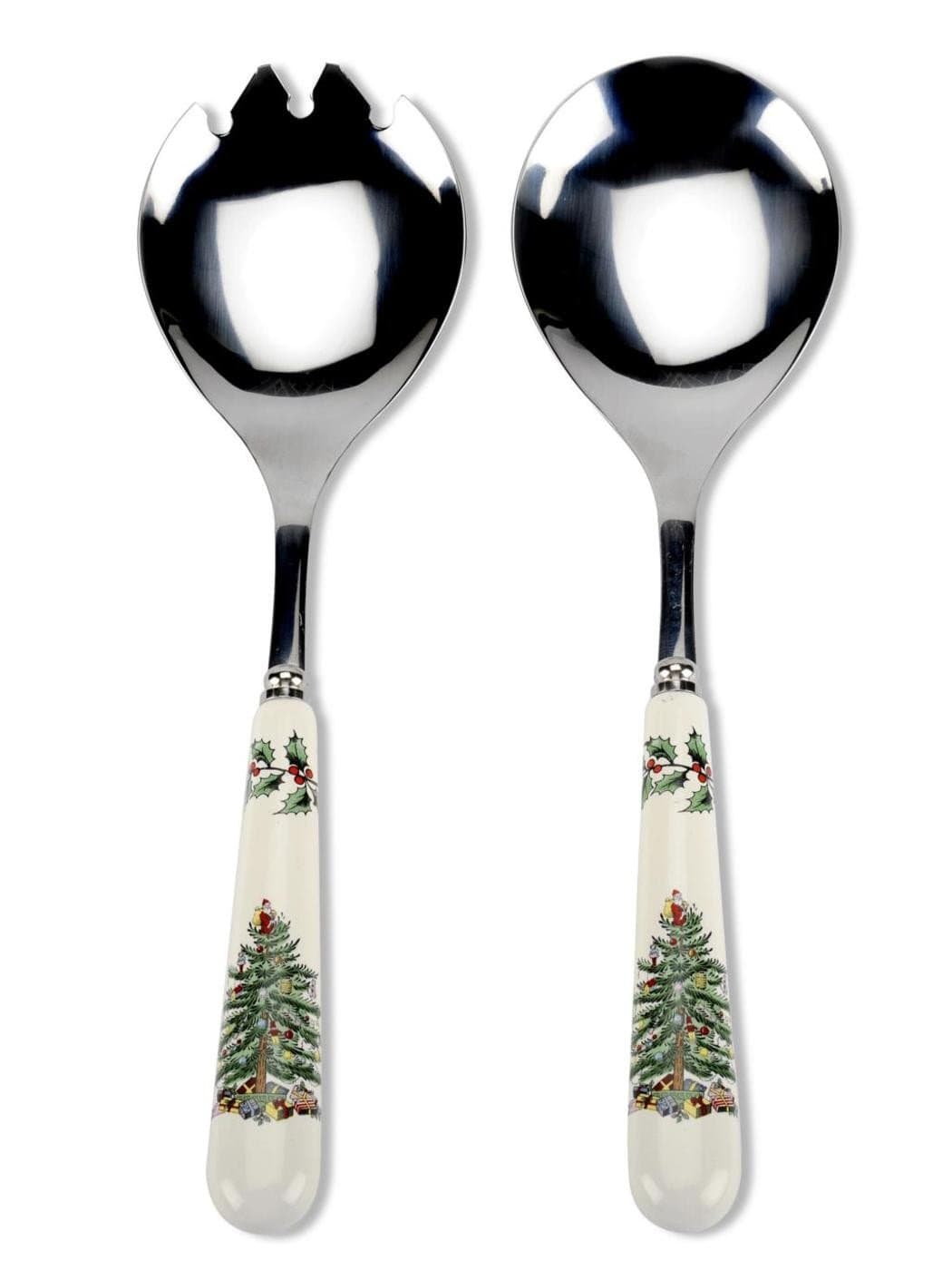 Spode Christmas Tree Salad Server Set (2-Piece) - 10 Inch Stainless Steel with Porcelain Handles, Festive Flatware for Holiday Dining - Dishwasher Safe, Seasonal Entertaining & Gift-Giving