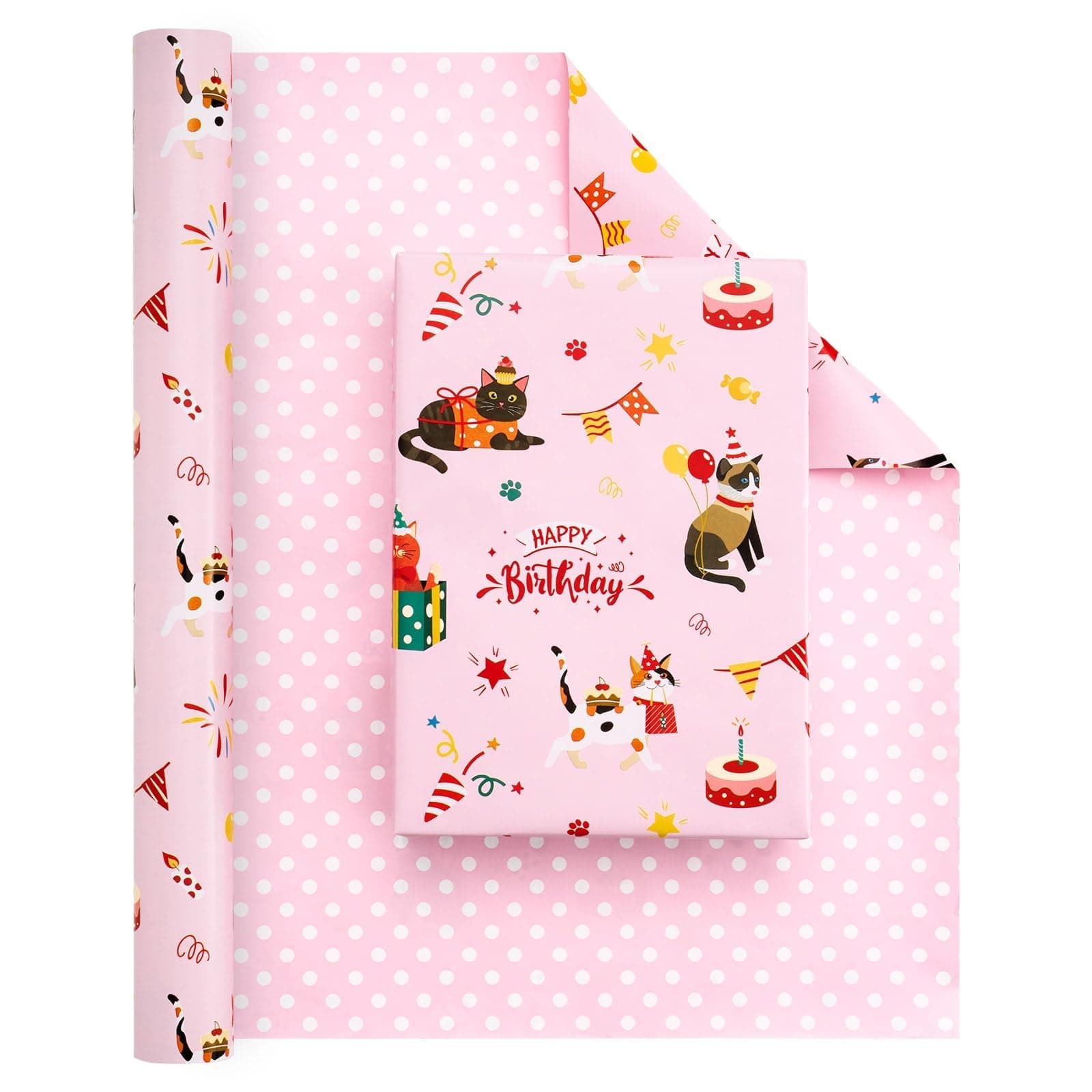 Cat Wrapping Paper Roll - 1 Roll 17”x 33 ft Happy Birthday Wrapping Paper Pink Cat Birthday Gift Wrap for Kids Girls Adults Kitten Party Baby Shower Decoration Reversible Polka Dot Design
