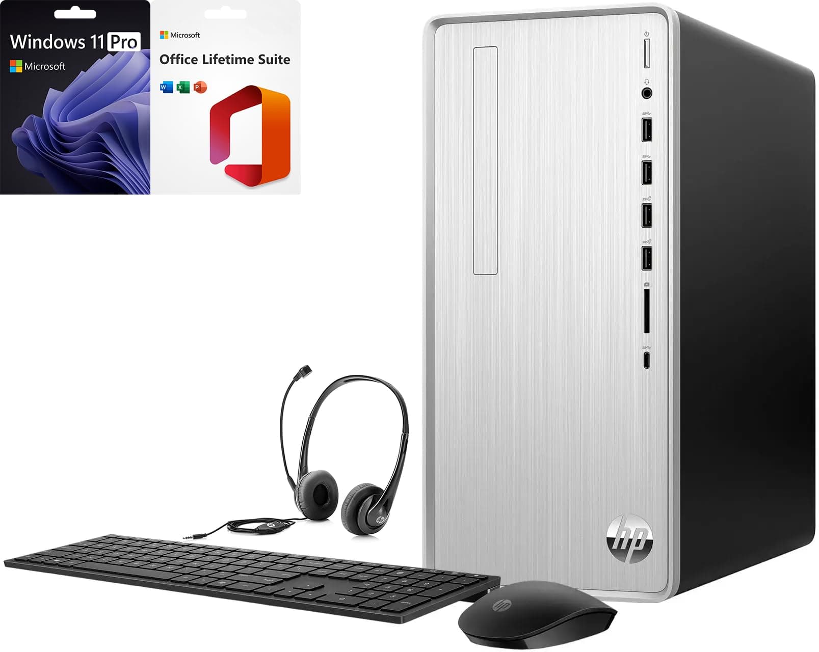 Pavilion Desktop Computer PC, 8-Cores AMD Ryzen 7, 64GB RAM 2TB SSD, Windows 11 Pro with Microsoft Office Lifetime Suite, Wi-Fi, Bluetooth, Wireless Keyboard & Mouse, Headset, Silver