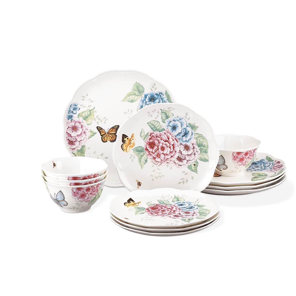 Lenox Dinnerware Set, Butterfly Meadow Hydrangea 12-Piece Set, Service For 4, Made From Ceramic Porcelain, Dishwasher And Microwave Safe, Plates And Bowls Sets, Home & Kitchen (Assorted, 12 Piece)