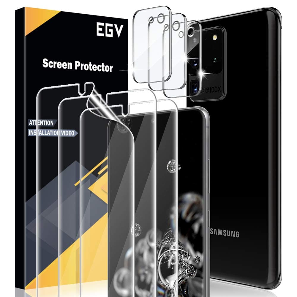 EGV for 2pcs Flexible TPU Screen Protector, 3pcs Tempered Glass Camera Lens Protector for Samsung Galaxy S20 Ultra 6.9-inch,Positioning Tool, Support Fingerprint, Bubble Free