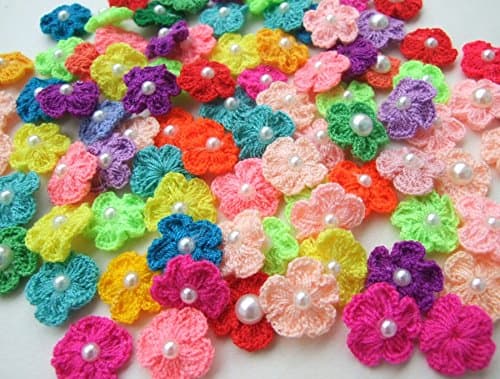 's Brand 20 Pcs. Assorted Tiny Crochet Flower with Pearl Fabric Cotton Satin Craft Sewing Appliques DIY Diameter 12 mm.