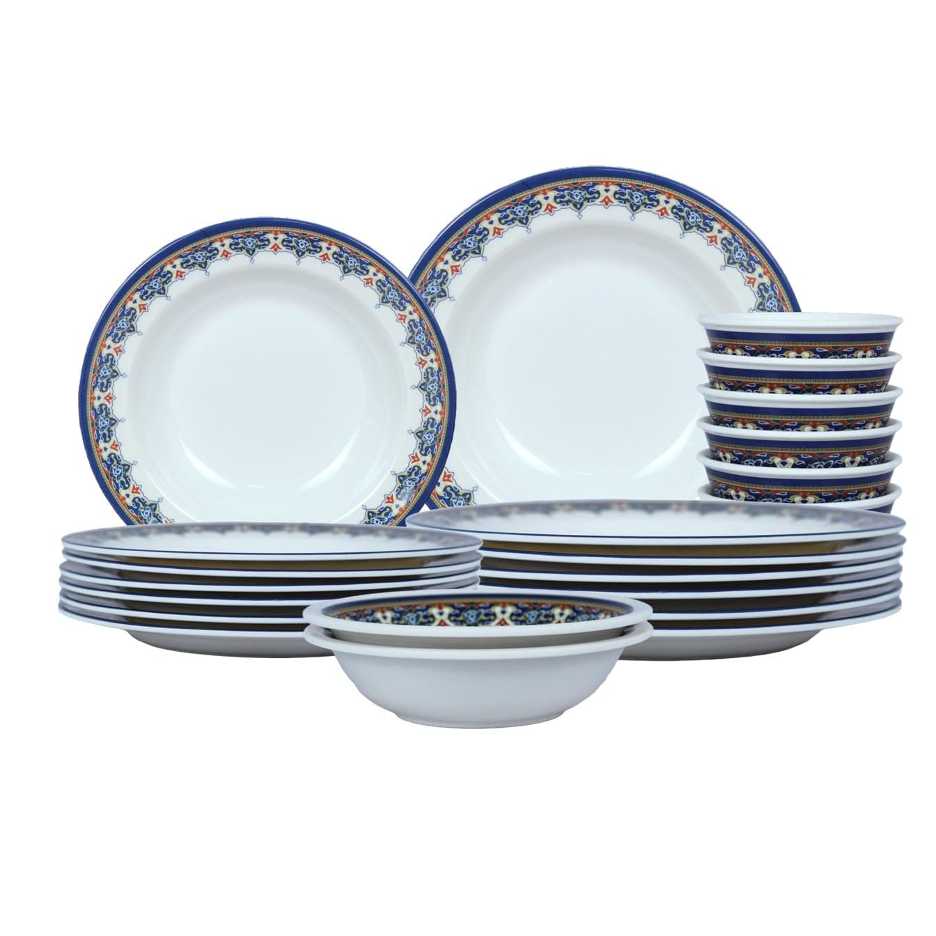 Melrich 20 piece Melamine Dinner Set 6 Dinner plates, 6 Soup plates, 6 Rice bowl, 2 Salad Bowl, Dishwasher safe, Storng and Durable Long lasting material