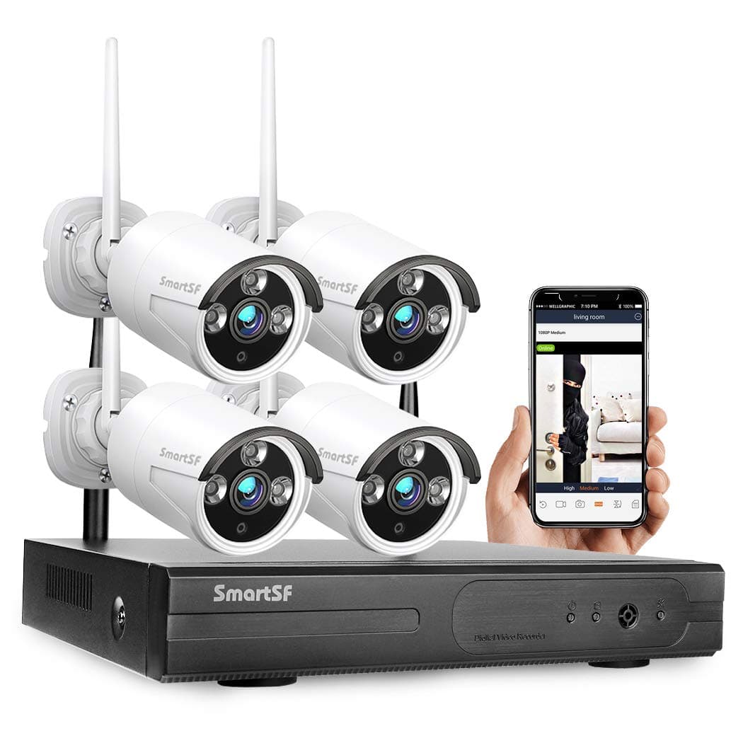 Wireless Security Camera System with 24/7 Video Audio Recording，Security Camera System with（4）2.0MP Weatherproof Indoor Outdoor Camera，IP Camera with Night Vision, P2P, Motion Detection, No Hard drive