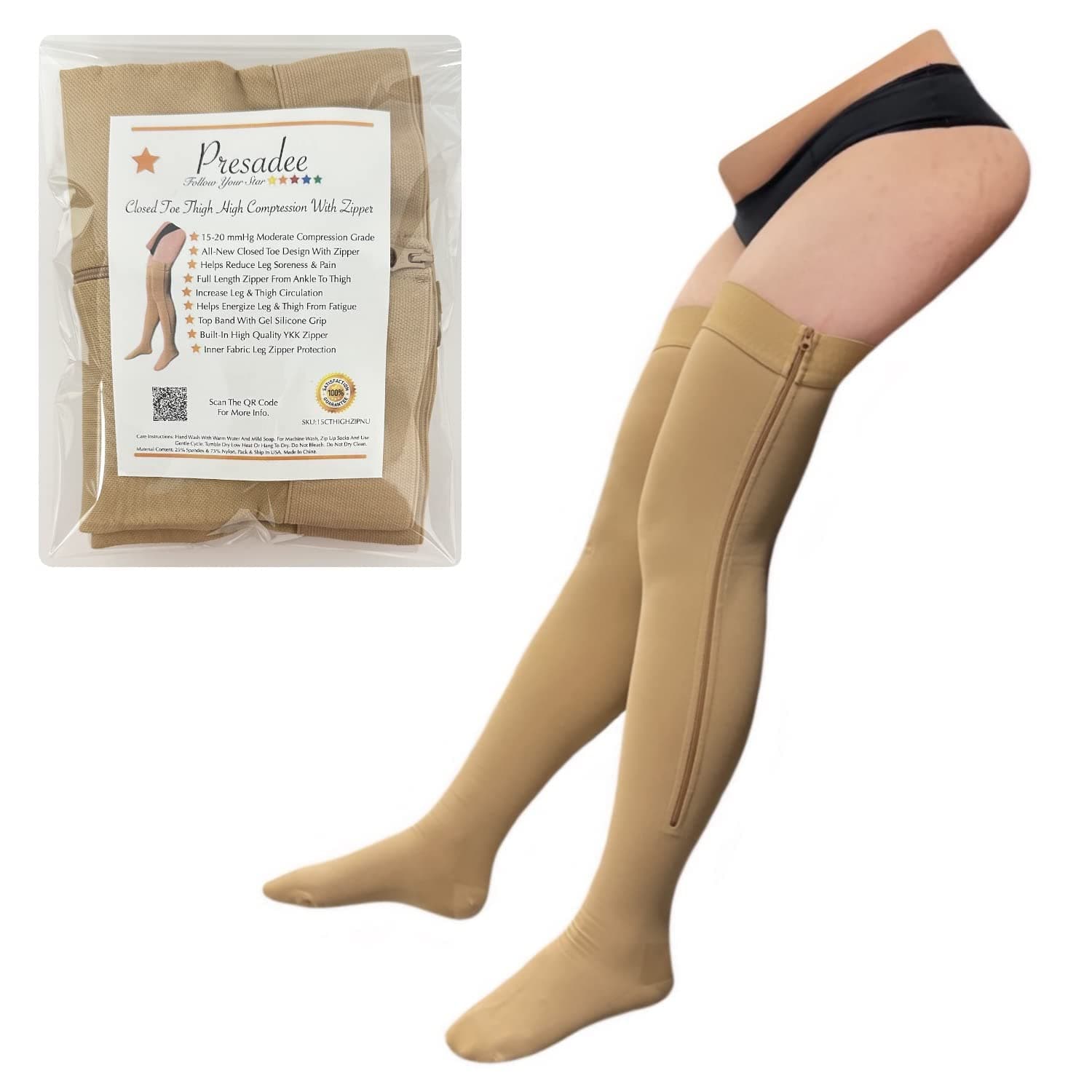 Closed Toe Thigh High 15-20 mmHg Moderate Compression Socks With YKK Zipper (Nude, 1)