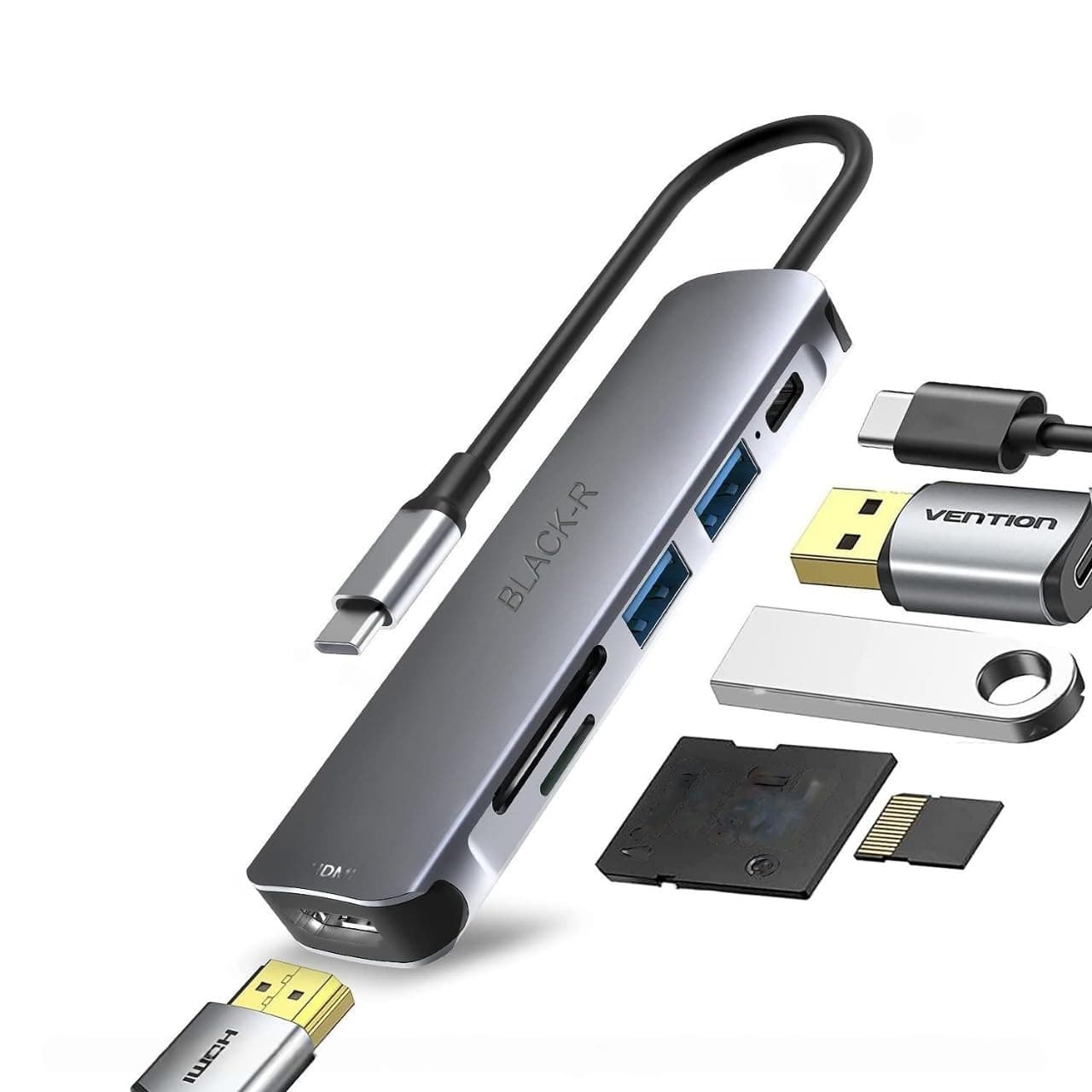 Black-R Amazon Black-R USB-C Hub 6-in-1 Aluminium Type-C Adapter with 4K HDMI Port, 2X USB 3.0 Port, USB-C Power Delivery, TF/SD Card Reader, Mac & Windows USB-C Devices