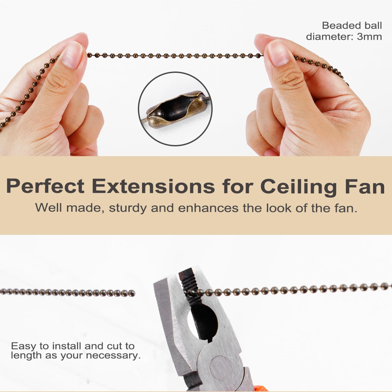 4 Pack Bronze Ceiling Fan Chain Extension, 12" Classic Drop Pendant Ceiling Fan Extension for Ceiling Fans and Lights, Decorative Extenders with Connector (2