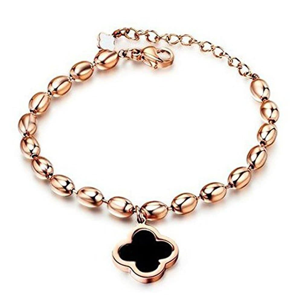 Baoli Sided White Shell Black Clover Titanium Rose Gold Plated Metal Beads Women's Bracelet Adjustable