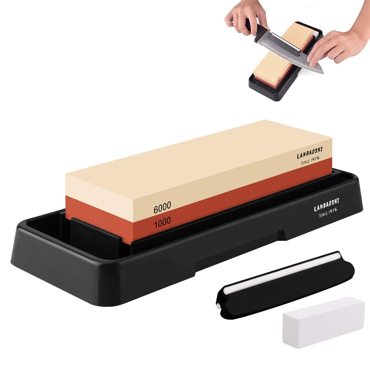 Knife Sharpening Stone Set, 2 Side Grit Whetstone 1000/6000 Chef Knife Sharpener Stone Kit, Waterstone with Nonslip Base, Angle Guide, Fixer Stone for Pocket Knife Kitchen Razor Clippers Blades
