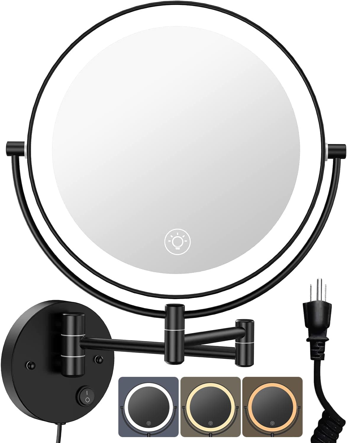 9" Large Wall Mounted Lighted Makeup Mirror, 1X/10X Magnifying 2-Sided AC Plug-in Powered Bathroom Mirror with 3 Color Lights, Touch Dimmable, Extended Arm 360° Rotation, 【Black】
