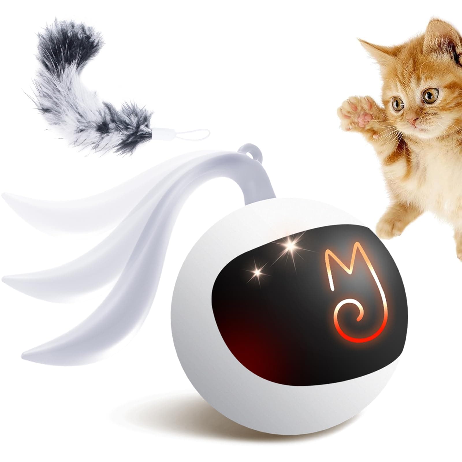Interactive Cat Ball Toy Set, Fun Tracker, Automatic Rolling Chase Ball with Fluffy Tail, A Small Mice, Rechargeable (White)