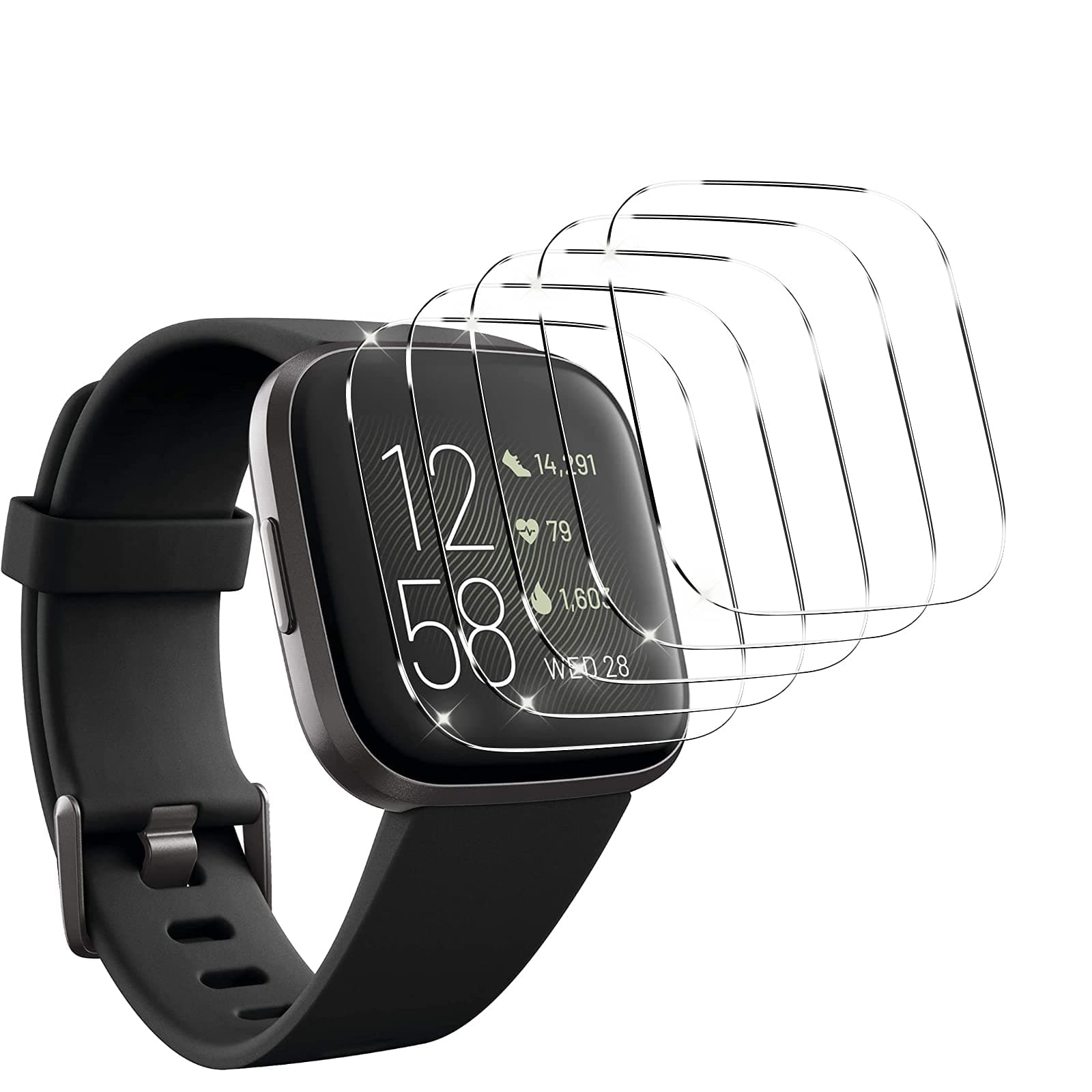 YMHML [5 Pack] Compatible for Fitbit Versa 2 Tempered Glass Screen Protector, Waterproof 9H Hardness Crystal Clear [No-Bubble] Anti- Scratch Easy Installation Film for Fitbit Versa 2 Accessories