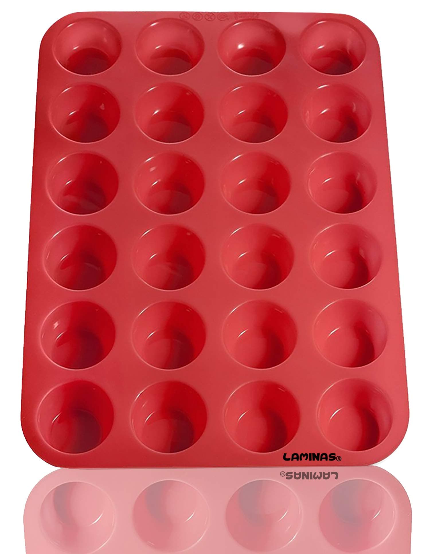 Laminas Silicone Mini Muffin Cupcake Baking Pan 24 Cup Size, BPA Free, Non Stick, Easy to Clean, Oven/Microwave/Dishwasher/Freezer Safe, Heat Resistant Up to 450F, Red - Plus Free Recipe eBook