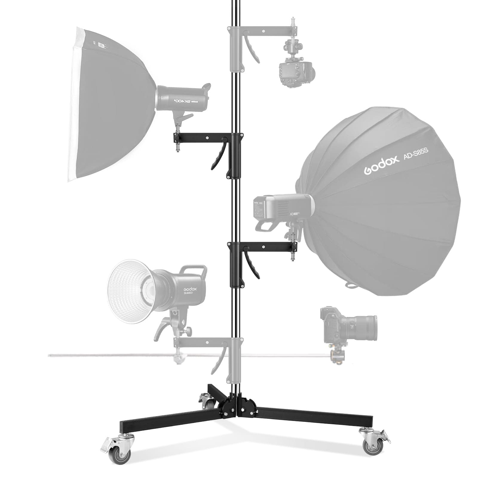 Metal Heavy Roll Stand Studio Stand 240cm Robust C Stand with wheels for tripod and 2 Sliding Handle Kit,Maximum Load Capacity 15kg for Studio Monolight Softbox Reflector