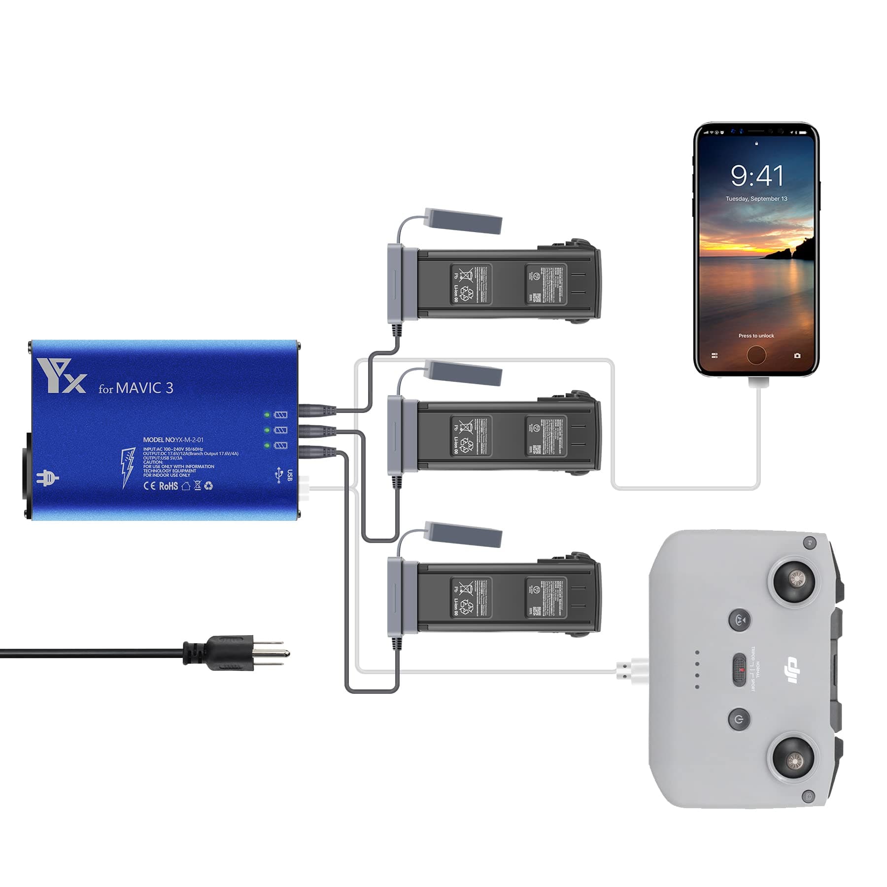 Parallel Fast Charger for DJI Mavic 3/Cine/Classic/Pro/Enterprise Battery,Rapid Quick Multi Charging Hub Drone Accessories