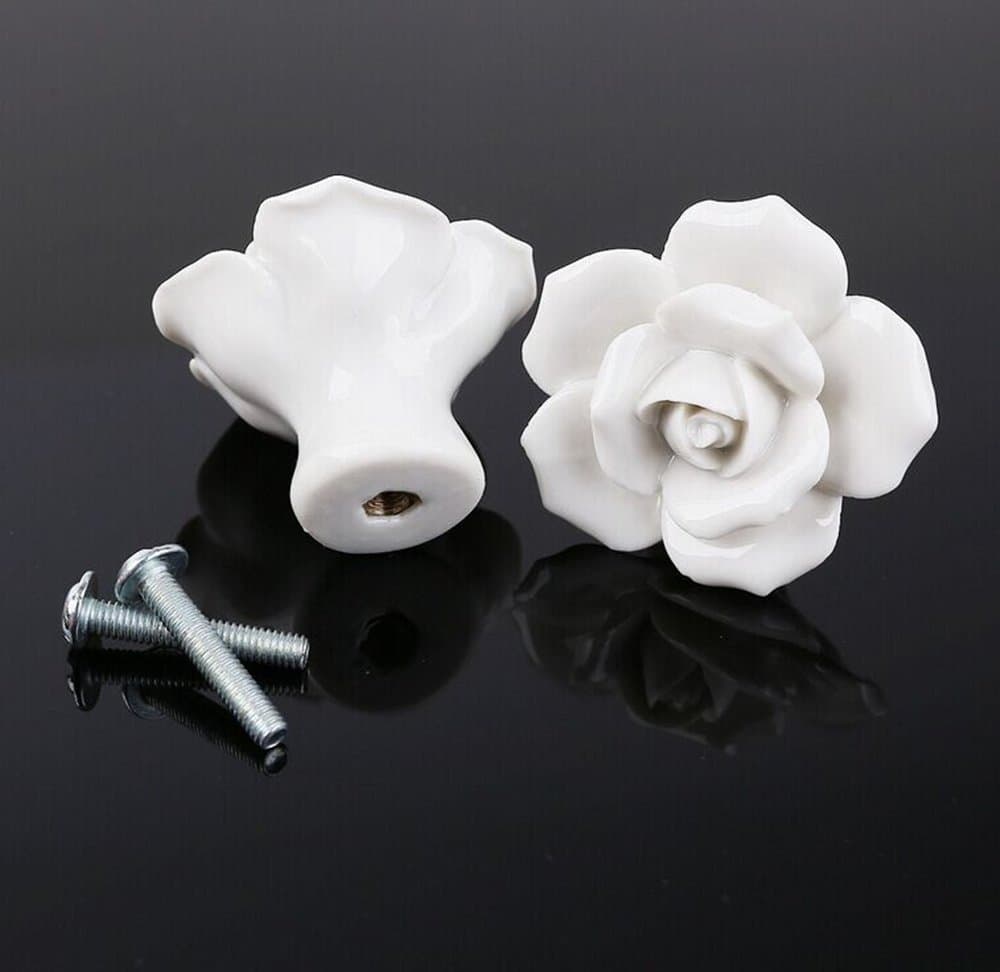 TILAN Rose Ceramic Cabinet Knobs,drawer Pulls & Handles,vintage Ceramic Rose Knobs for Dresser, Drawers, Kitchen Cabinets & Vanity(white,pack of 2)