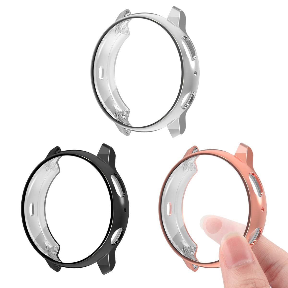 3 Pack Compatible Samsung Galaxy Watch Active2 40mm 44mm Screen Protector Case Cover,YiJYi Ultra Slim Soft Full Coverage Bumper[Sractch-Proof] Protection (Black,Silver,Rose Gold, Active2 44MM)