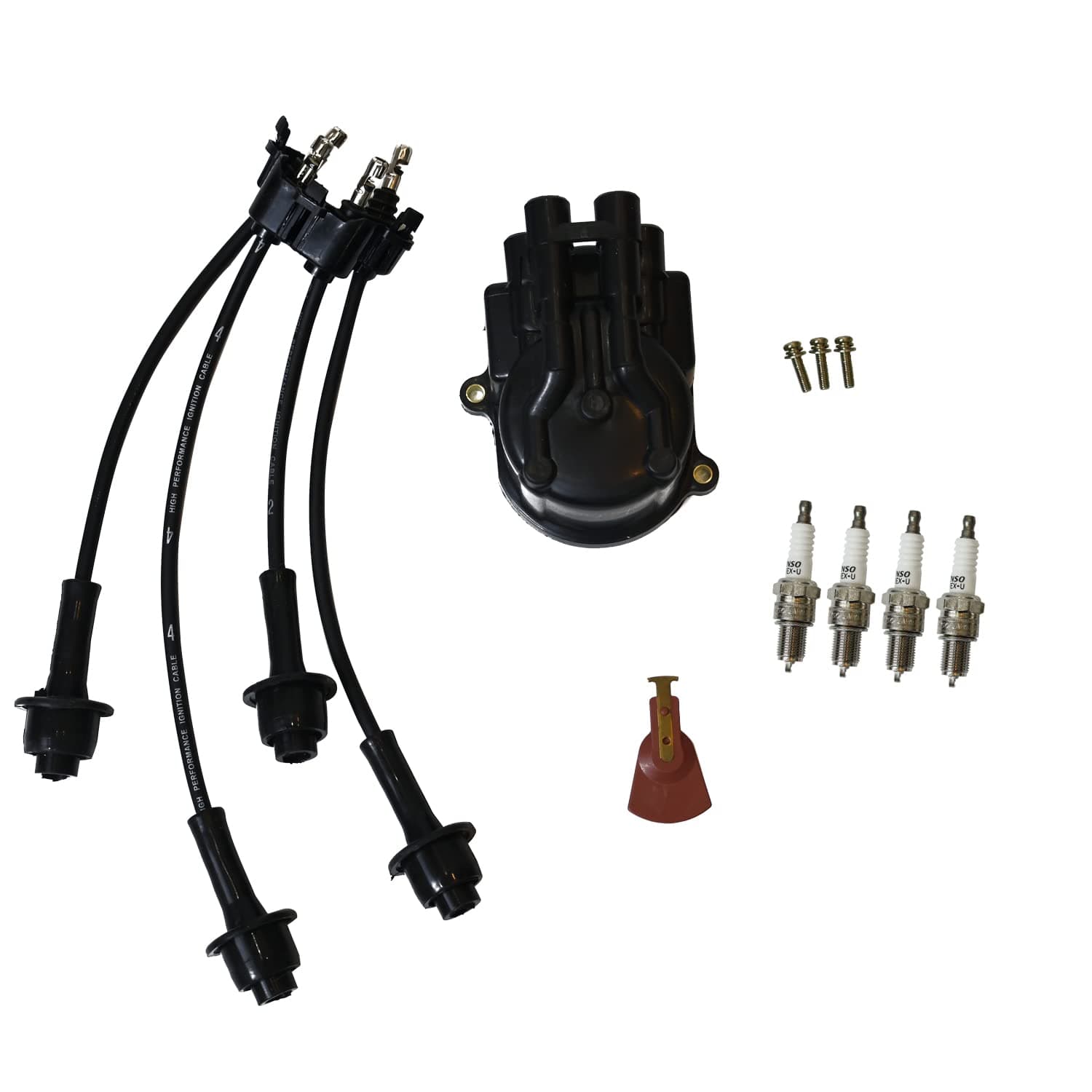 Tune Up Kit Distributor Cap + Ignition Rotor + Spark Plugs + Ignition Wire Set fits for Toyota Forklift 5FG 6FG 7FG Series w/ 4Y Engine