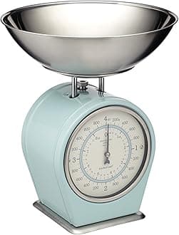 Living Nostalgia Mechanical Kitchen Scale with Bowl in Gift Box, Scale made of Cast Iron with Acacia Wood Stand, Vintage Blue
