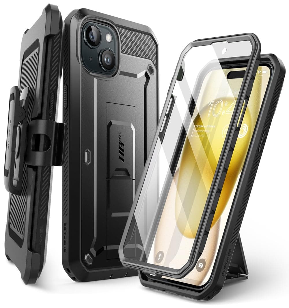 SUPCASE for iPhone 15 Case with Stand & Belt-Clip(Unicorn Beetle Pro), [Built-in Screen Protector] [Military-Grade Drop Protection] Heavy Duty Rugged Phone Case for iPhone 15 6.1 Inch 2023, Black