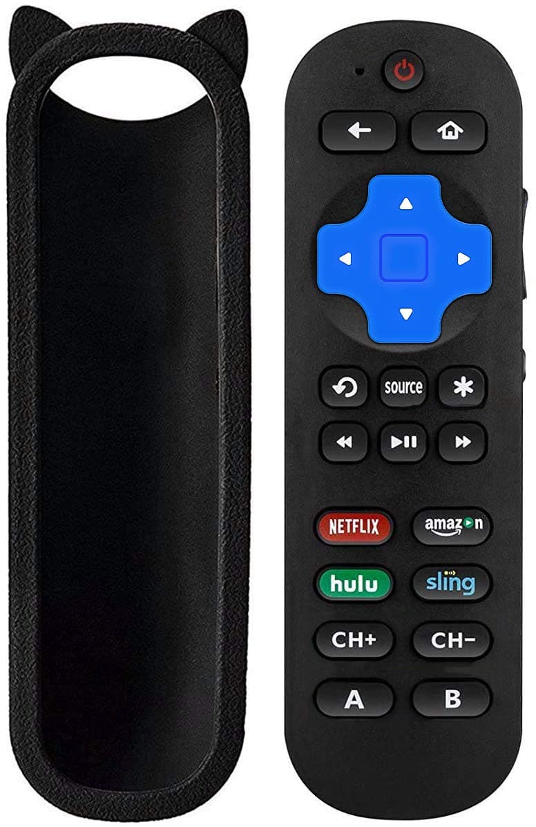 Remote Control Compatible with Roku 1 2 3 4 Premier+ Express+ Ultra with 9 More Learning Keys to Control TV Soundbar Receiver All-in-1 with Black Remote Cover (Not for Roku Stick)