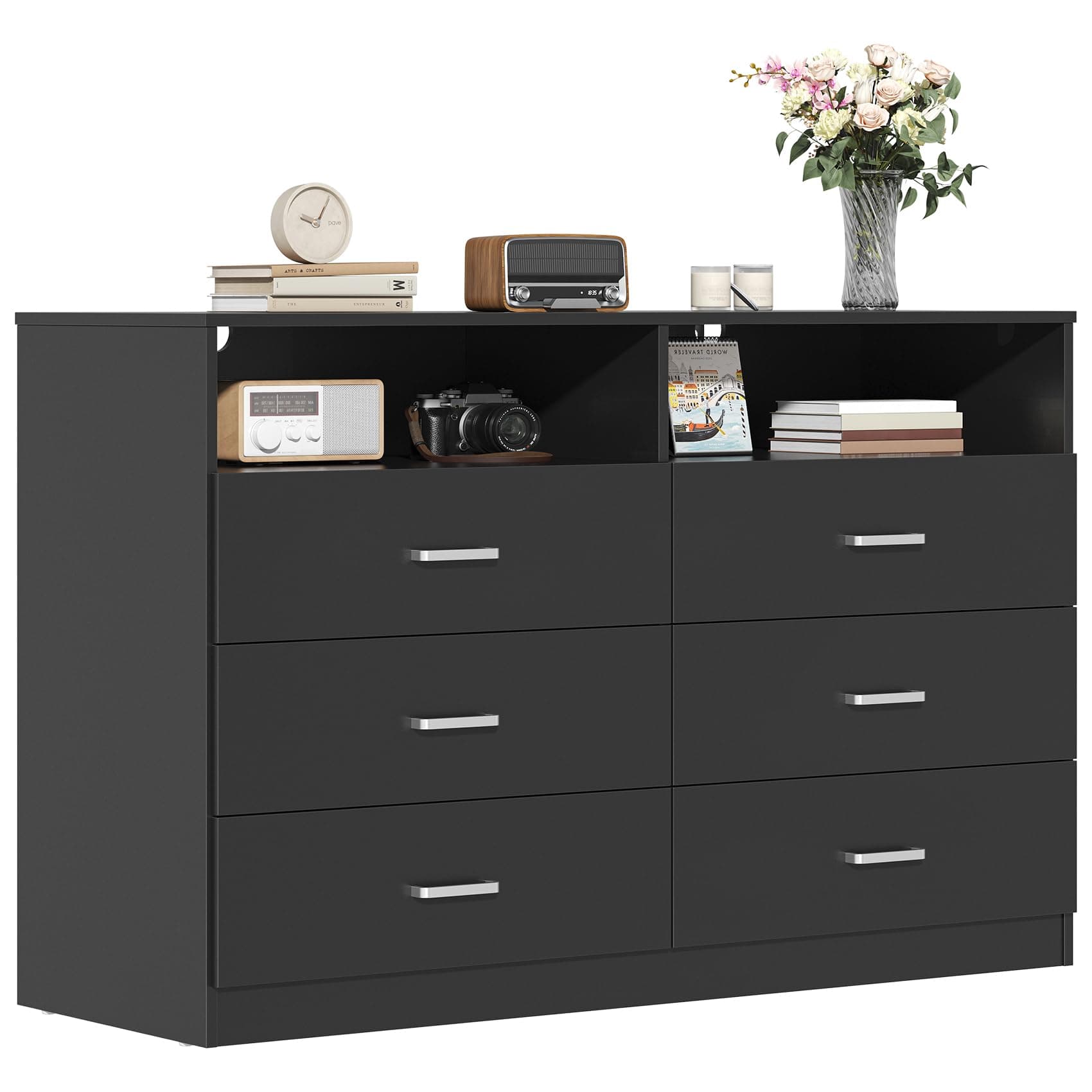 Bigbiglife 6 Drawers Dresser for Bedroom with Open Storage Cubby, Double Wide Dresser Organizer for Bedroom, Living Room, Entryway, Hallway (Black)
