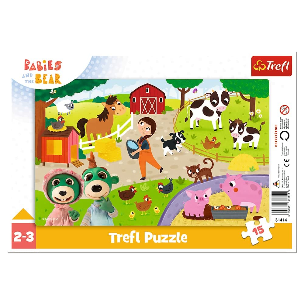 Trefl 31414 Toddler Frame Puzzle, 15 Large Pieces, Frame and Fixed Mat, with Fairy Tale Figures Babies, Farm, Animals, for Children from 2 Years, Puzzle, Babies and The Bear, Cute Babies